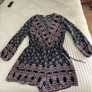 Navy and Red Patterned Long Sleeve Dress